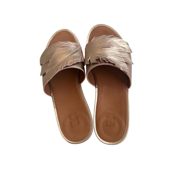 FITLFOP Rose Gold Leather Feather Cut Slide Sandals Size 8 - Picture 8 of 8